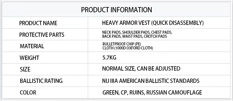 Heavy armor vest, full protection bulletproof suit with built-in bulletproof chip, NIJ IIIA bulletproof standard 1000D oxford cloth, quick-release vest, advanced protective equipment