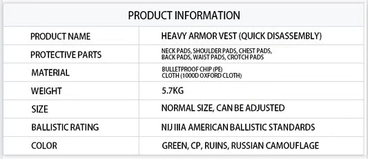 Heavy armor vest, full protection bulletproof suit with built-in bulletproof chip, NIJ IIIA bulletproof standard 1000D oxford cloth, quick-release vest, advanced protective equipment